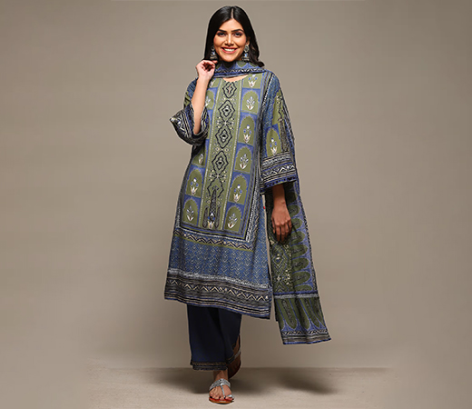 Biba Women’s Blue Printed Rayon Straight Suit