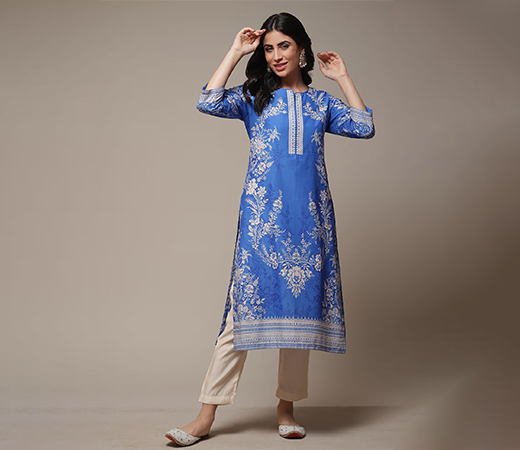Biba Blue Printed Cotton Straight Kurta