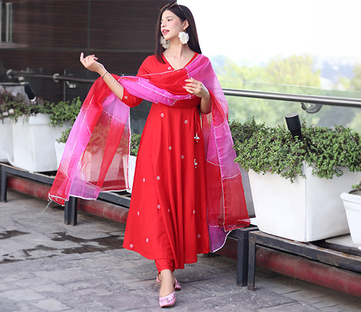 GAYRAA Red Embroidered Handworked Angarkha Pant with Dupatta