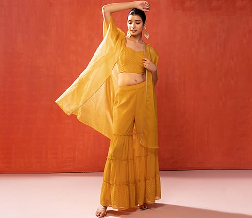 Indya Yellow Tiered Sharara with Strappy Top & Cape