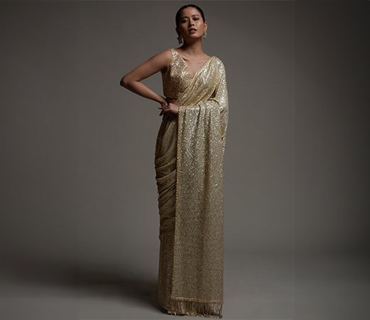 KALKI FASHION Gold Beige Saree with sequins
