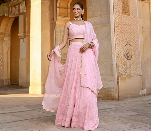 EverBloom Heer Light Pink Lucknowi Embroidered Lehenga