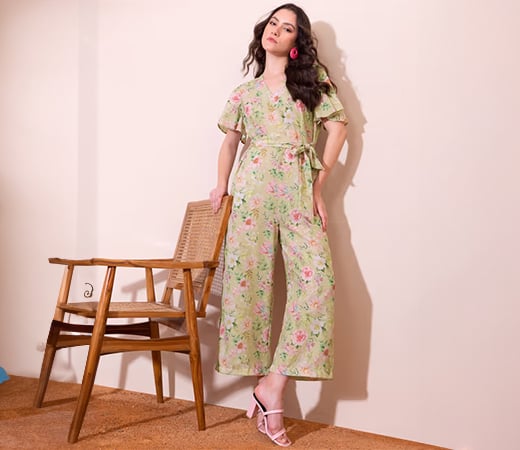  FabAlley Light Green Floral Print Jumpsuit With Fabric Belt
