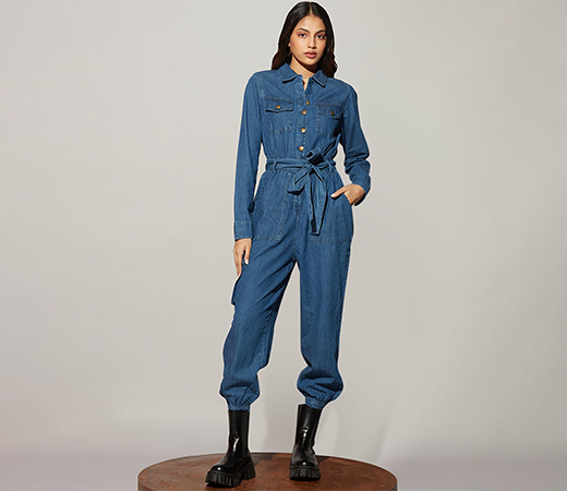 Twenty Dresses by Nykaa Fashion Blue Full Sleeves Denim Jumpsuit