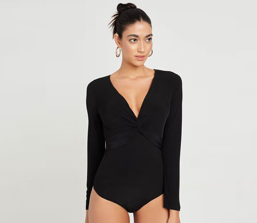Styli Black Long Sleeves V Neck Knot Detail Ribbed Fitted Bodysuit
