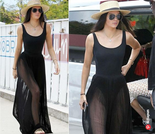 Kendall Jenner wearing a bodysuit with a sheer skirt 