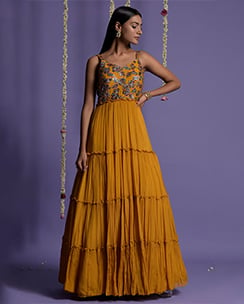 Two Sisters by Gyans Mustard with Multi coloured Sequins Embroidered Gown