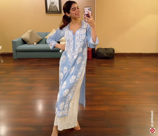 Khushi Kapoor wearing a blue chikan kurta with white palazzo