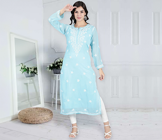 Seva Chikan Blue Georgette Lucknowi Chikankari Kurta