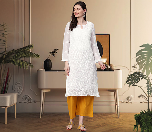 ADA White Embroidered Chikan Kurta with Slip