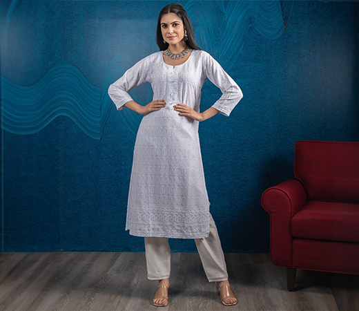 Beatitude White Rayon Chikan Embroidery Kurta
