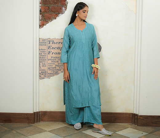 SAAYA THE LABEL Turquoise Zeenat Chikankari Kurta with Pant