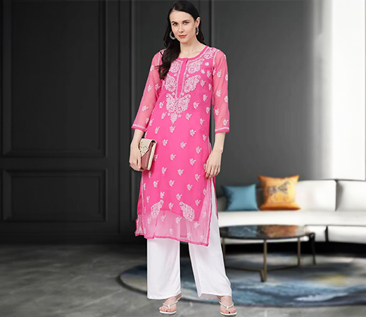 ADA Embroidered Pink Georgette Lucknow Chikan Kurta