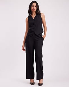 FableStreet Button Detail Top & Front Pleat Trouser Co-Ord - Black (Set of 2)