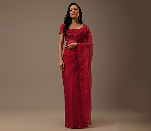 KALKI FASHION Cherry Red Organza Embellished Saree