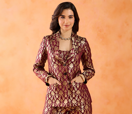 Gajra Gang Banaras Brocade Maroon Lapel Jacket
