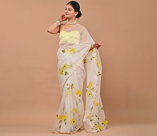 IMROZ HOUSE Off White Organza Hand Painted Saree