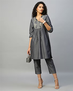 Chemistry Charcoal Embroidered Chambray Kurta Set