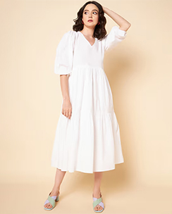 High Star White Pure Cotton Poplin Midi Dress