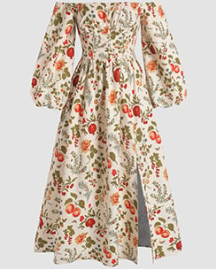 Cider Fruit and Floral Off-Shoulder Slit Maxi Dress