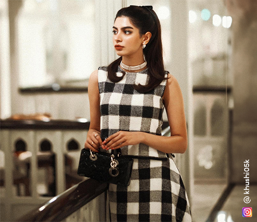 Khushi Kapoor wearing white check co-ord set and pearl choker