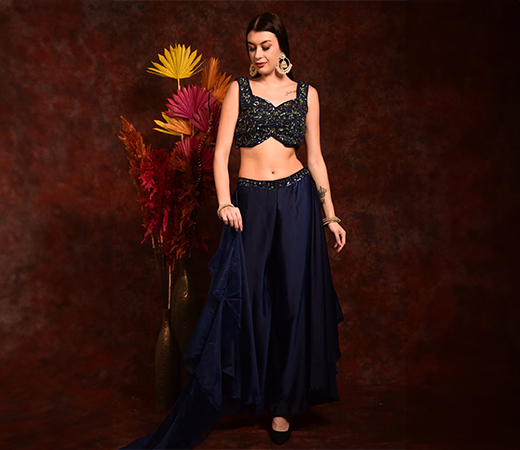 LAALZARI Dark Blue Crop Top with Wide Palazzo and Dupatta