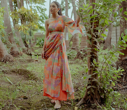 Paulmi & Harsh Naksha Print One Shoulder Top With Drape Skirt