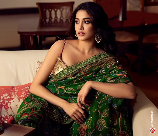 Jhanvi Kapoor wearing a green floral saree