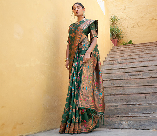 Janasya Green Banarasi Silk Floral Saree