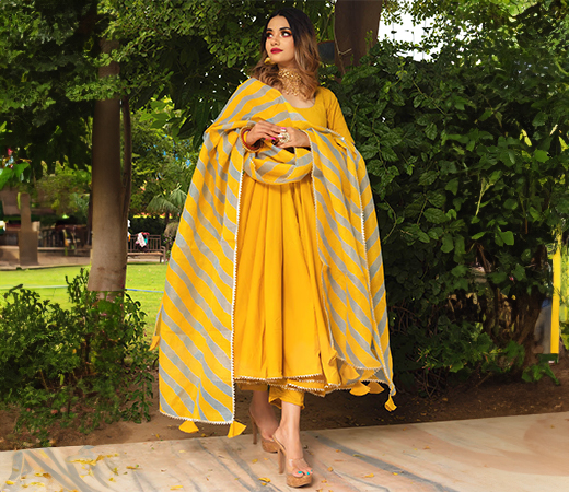 POMCHA Rosemary Yellow Cotton Anarkali Set
