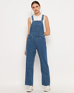 Madame Blue Solid Square Neck Dungarees