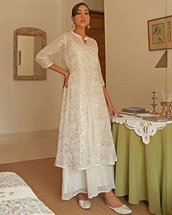 Janasya White Chiffon Lurex Foil Printed Kurta with Jacket