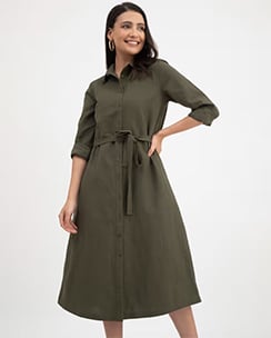 FableStreet Linen Shirt Dress With Belt Olive (Set of 2)