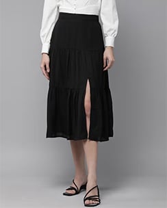 RARE Women Casual Black Front Slit Midi Skirt