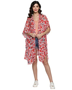 Aditi Wasan Free Size Cotton Red Tropical Print Kimono Shrug