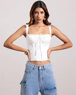 MIXT by Nykaa Fashion White Solid Satin Square Neck Ruched Corset Top