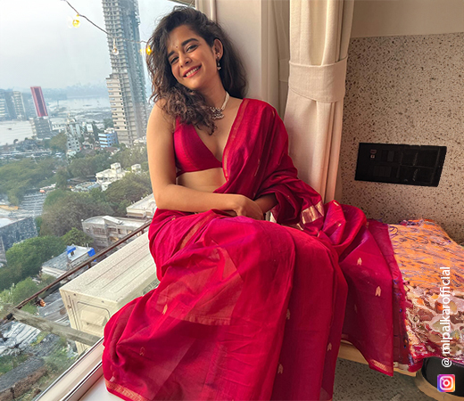 Mithila Palkar wearing a silk saree with a plunging neckline blouse
