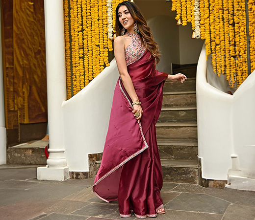 Lavanya The Label Wine Embroidered Saree with Stitched Blouse