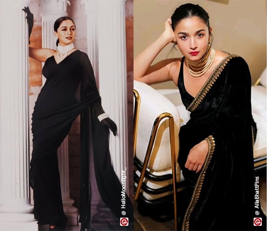 Madhuri Dixit & Alia Bhatt wearing black sarees with pearl chokers