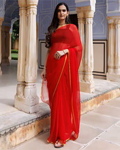 Geroo Jaipur Red Hand Dyed Plain Chiffon Saree with Jacquard Unstitched Blouse
