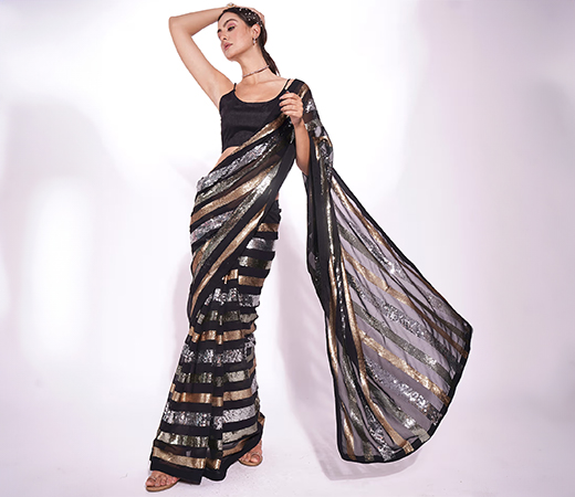 Nyri Black Stripes Embellished and Sequined Saree 