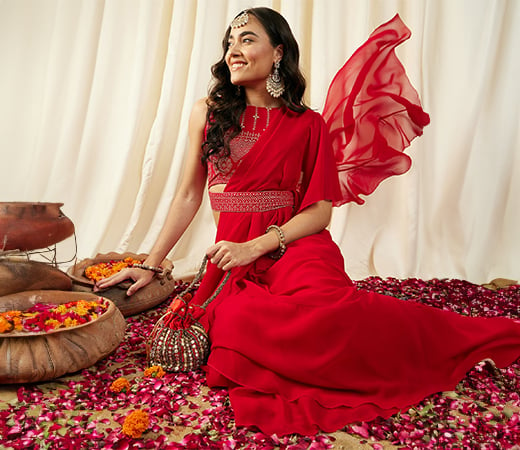 Mabish By Sonal Jain Red Pre-Draped Saree
