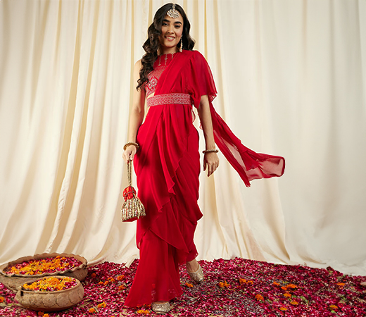 Mabish By Sonal Jain Red Pre-Draped Saree
