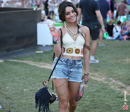 Vanessa Hudgens wearing a crochet crop top and shorts