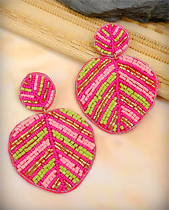 Crunchy Fashion Boho Beaded Leaf Pink Handcrafted Drop Earrings