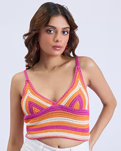  MIXT by Nykaa Fashion Multi-color Striped V Neck Crochet Crop Top
