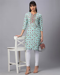Globus Women’s Light Blue Printed Round Neck Three Fourth Sleeves Straight Kurta
