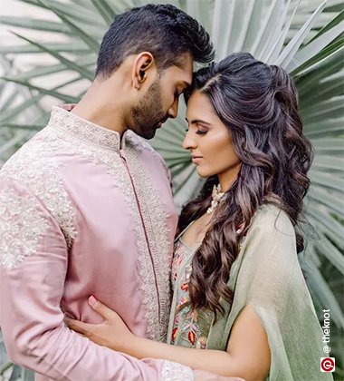 Bride and Groom in Pink and Green Pastels