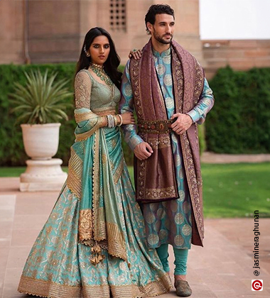 bride and groom wearing teal
