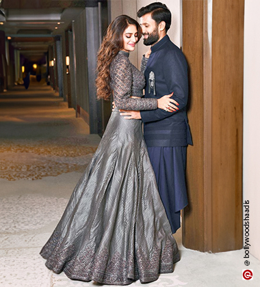 bride and groom wearing grey and blue